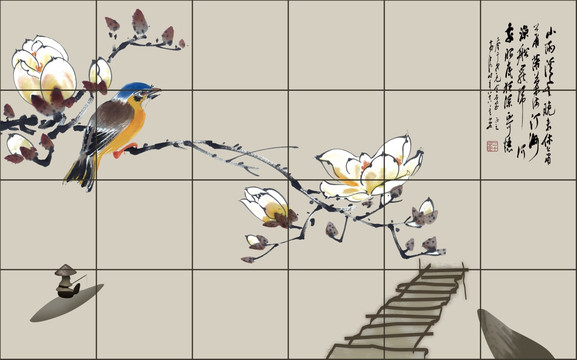 玉蘭花鳥(niǎo)圖裝飾畫(huà)