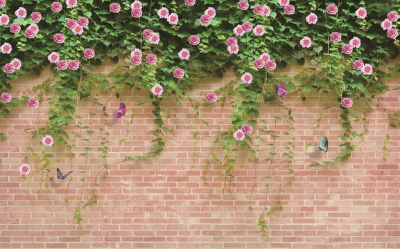 砖墙蔷薇3D装饰画