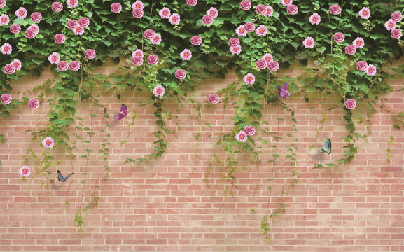 磚墻薔薇3D裝飾畫