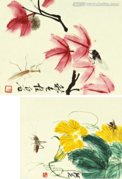 齊白石楓葉加喇叭花