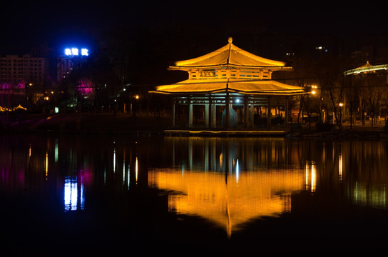 曲江池 亭子 夜景