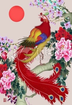 手繪鳳凰玄關(guān)背景墻裝飾畫