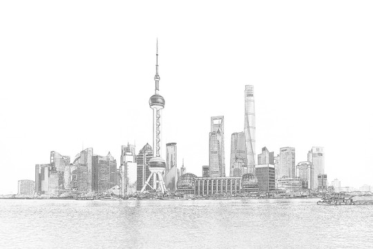 上海风光全景线描 （未分层）