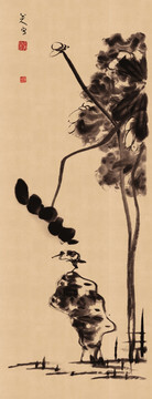 八大山人 荷花小鳥(niǎo)圖軸紙本