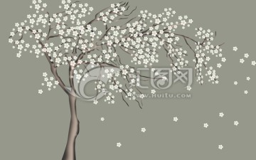 手繪古典梅花背景墻裝飾畫