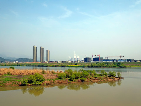 兰溪中洲公园兰江沿岸风光全景