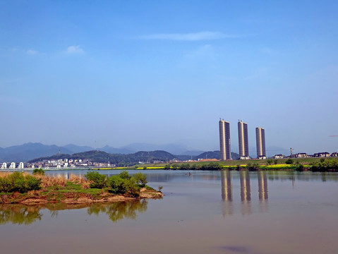 兰溪中洲公园兰江沿岸全景