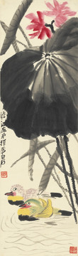 齊白石 荷花鴛鴦 博物館原畫掃
