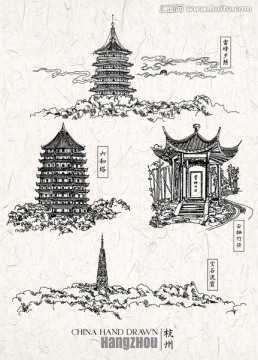 西湖旅游景點線描