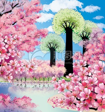 唯美櫻花裝飾畫背景圖PSD