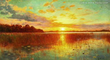 夕阳晚霞风景油画 画廊高清品质