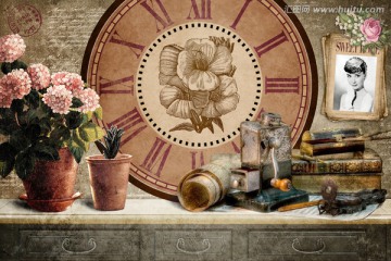 欧式花卉复古做旧无框画钟面挂钟