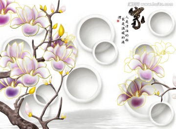 3D背景墻 手繪浮雕玉蘭樹