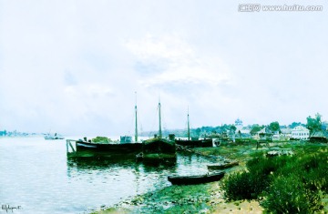 湖泊海岸油画