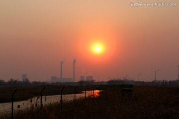 热电厂 火力发电 晚霞 日落