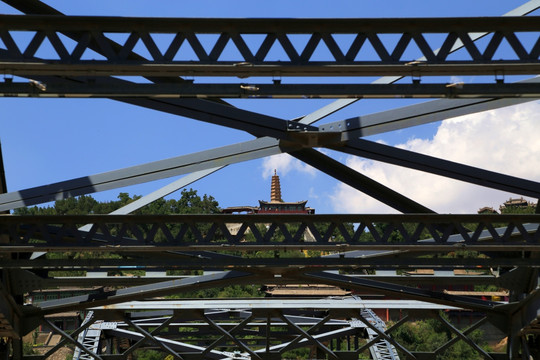 兰州铁桥 钢架 拱樑 白塔