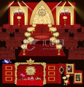 巴洛克紅黑金婚禮效果圖矢量圖