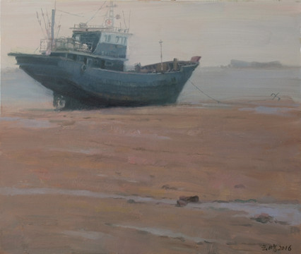 海灘大船油畫大圖