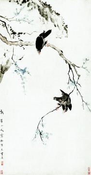 清 華喦 設(shè)色鴝鵒雙棲圖