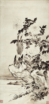 清 徐揚 牡丹山鷓圖軸