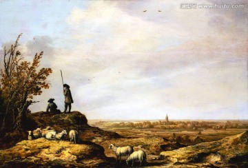自然风景油画  放羊