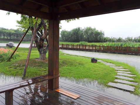 城市园林小景 雨中的小木亭