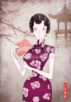 高清旗袍美女古風(fēng)插畫PSD