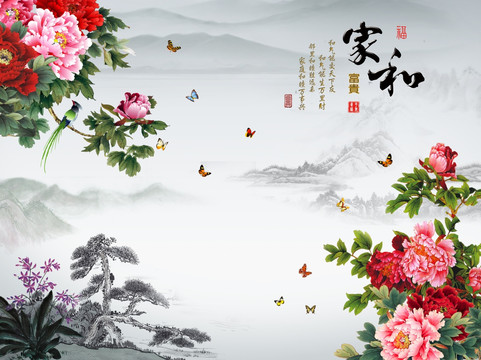 彩雕 牡丹花 背景墙壁画