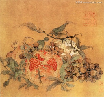 橘子葡萄  石榴圖