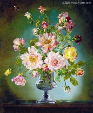玫瑰花月季粉色浪漫怀旧静物油画