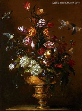 郁金香铜花瓶欧式复古花卉油画