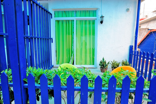 蓝色栅栏的院子