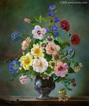 插满鲜花的花瓶欧式复古静物油画