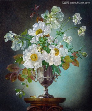 白色花卉鲜花欧式复古静物油画