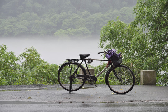 新安江边浓雾中的自行车