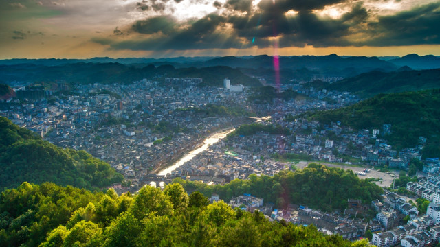 凤凰古城全景 晚霞 风景