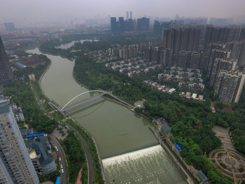 航拍成都沙河锦江汇流处