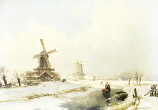 荷兰风车雪地风景油画