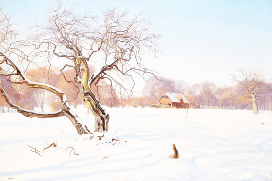 雪地森林风景油画