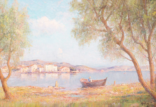 河流小船風(fēng)景油畫