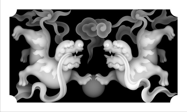石雕墓碑板双狮解带灰度图BMP