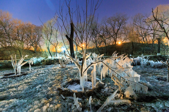 北京大学校园风光冬景冰凌夜景