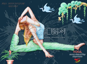 手繪瑜伽美女裝飾畫