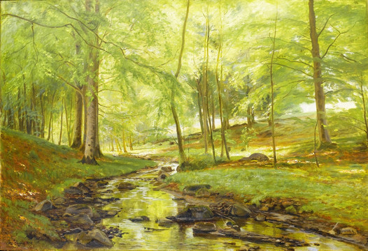 森林小溪古典写实风景油画