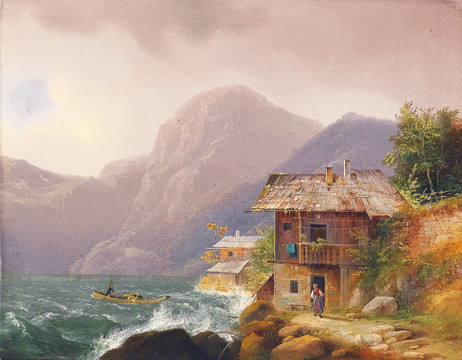 大海海邊小屋風景油畫