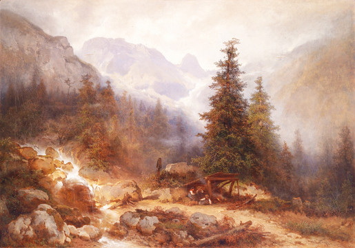 高山森林瀑布风景油画