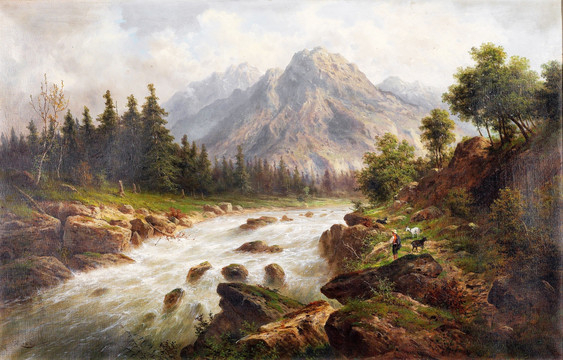 高山瀑布風景油畫