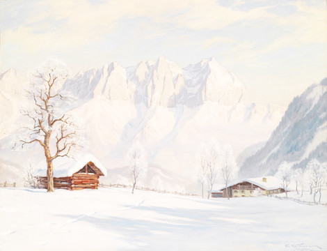 雪山下的房子風(fēng)景油畫
