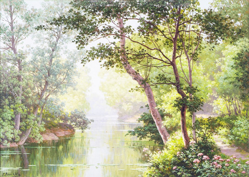 森林小溪风景油画