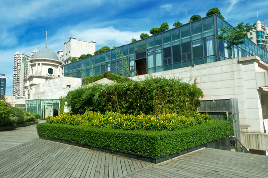 屋顶建筑和花坛